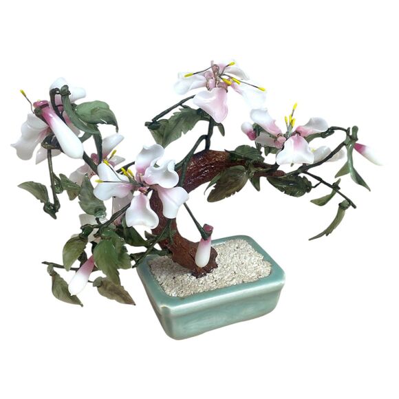 Vintage Jade Gemstone Bonsai Tree Pink White Flowers Glass Leaves 9" Pot - Picture 2 of 11